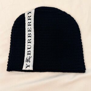 Burberry Black Knit Beanie with White Logo Stripe